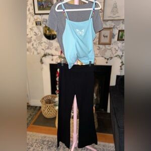 3pc Bundle Kids Blue Butterfly Tank Top, Grey Top, & Black Flared Leggings